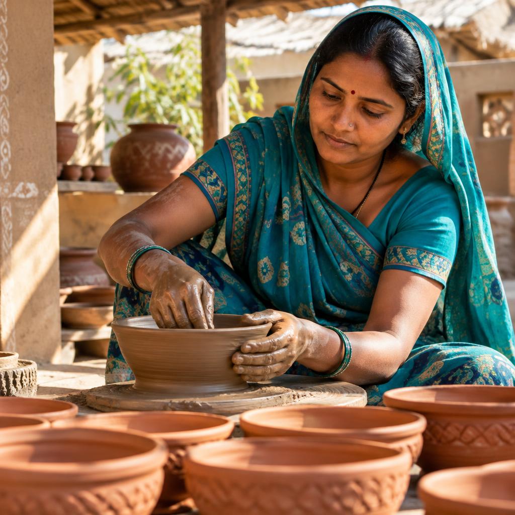 Illustration of an Indian artisan creating traditional pottery