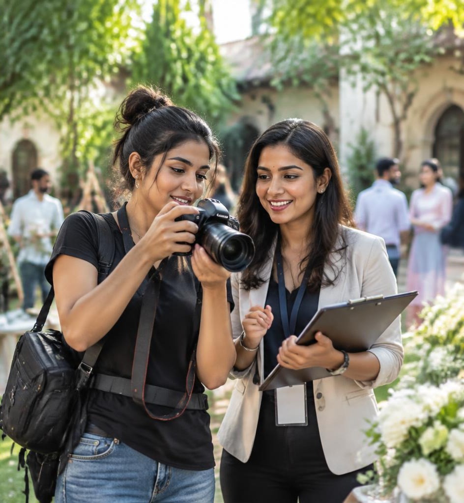 Illustrative creative team documenting a community event
