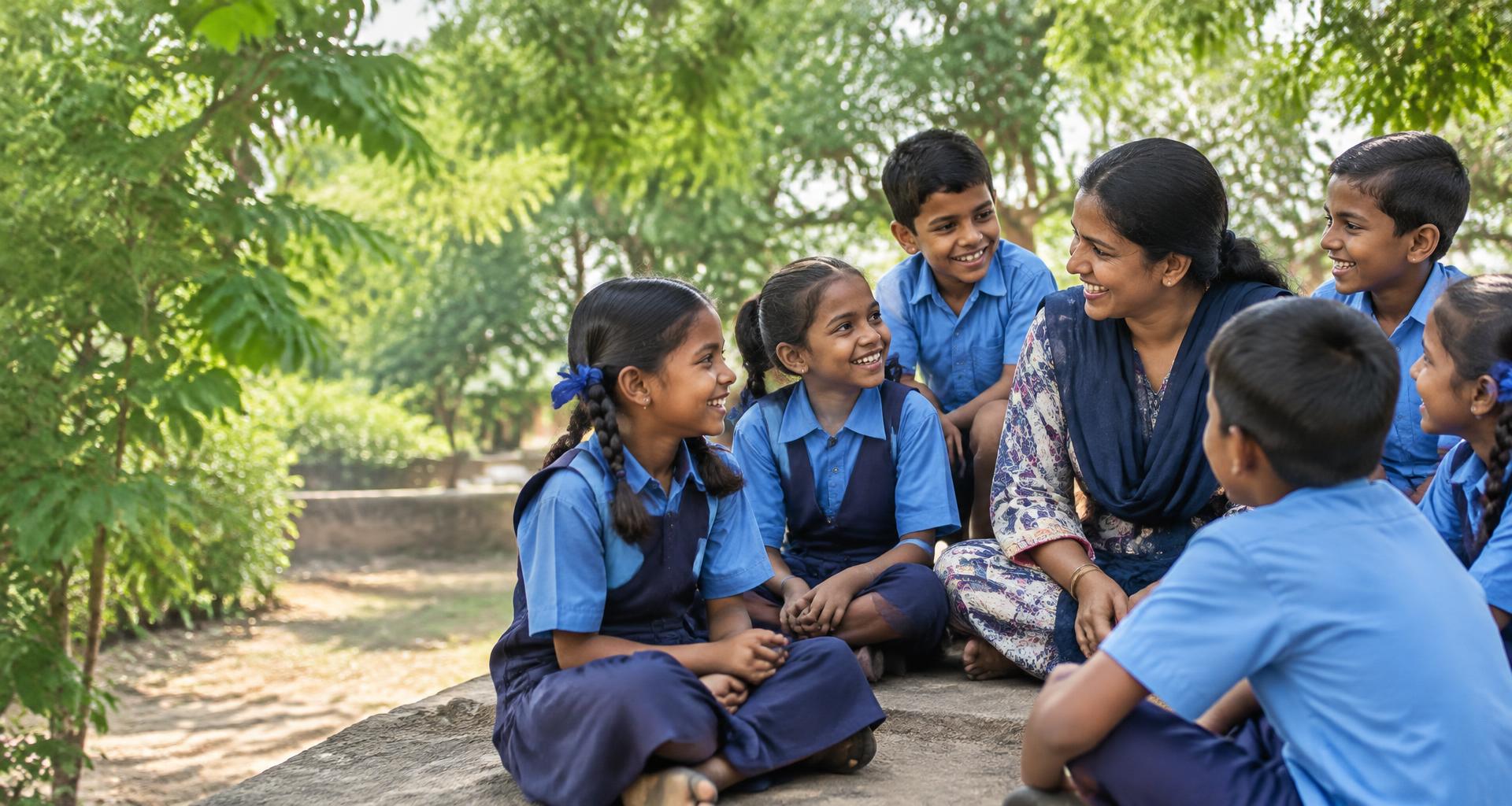 Illustrative photograph: an educator connecting with children