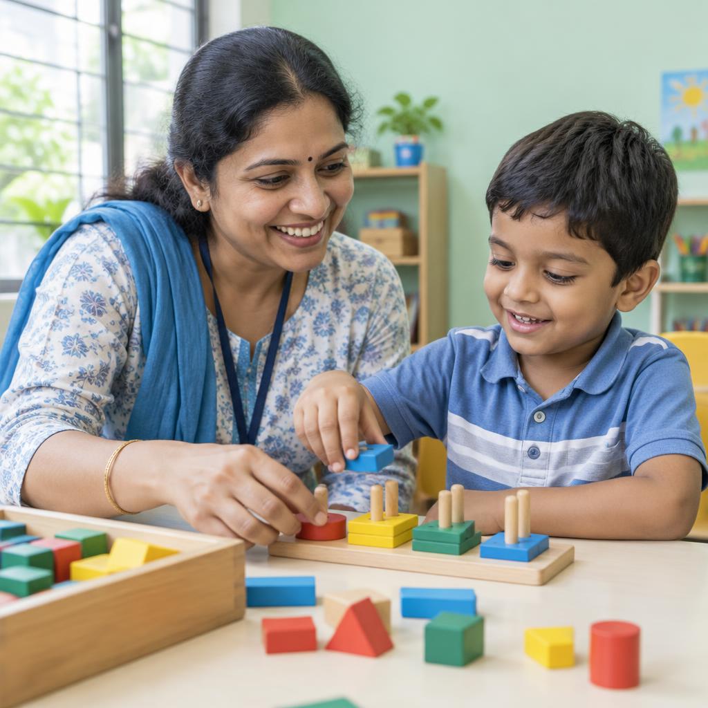 Illustrative special educator and child exploring learning blocks
