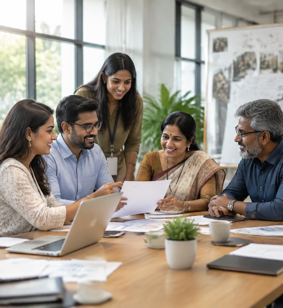 Illustrative photograph: professionals planning a community initiative