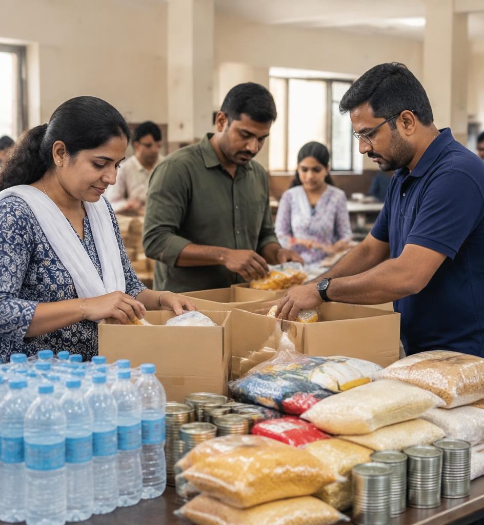 Illustrative volunteers organising community supplies together