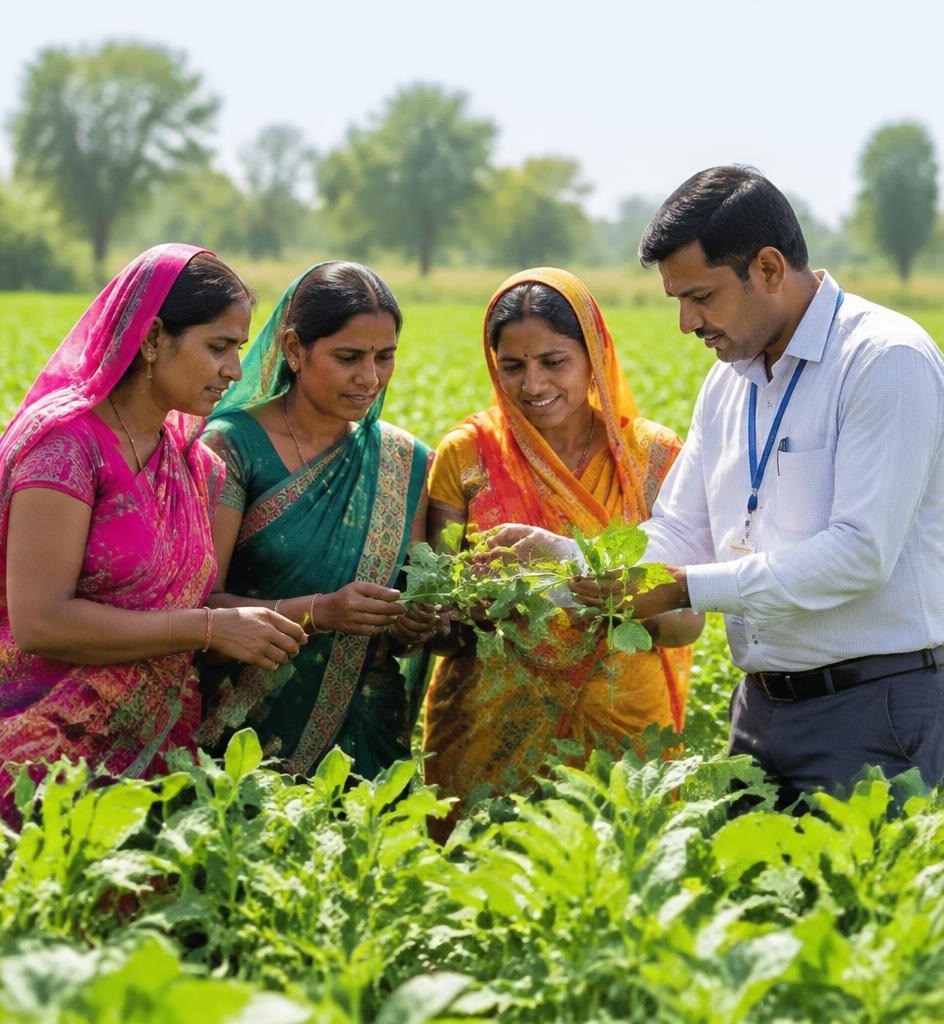Illustrative photograph: rural women sharing knowledge in a field
