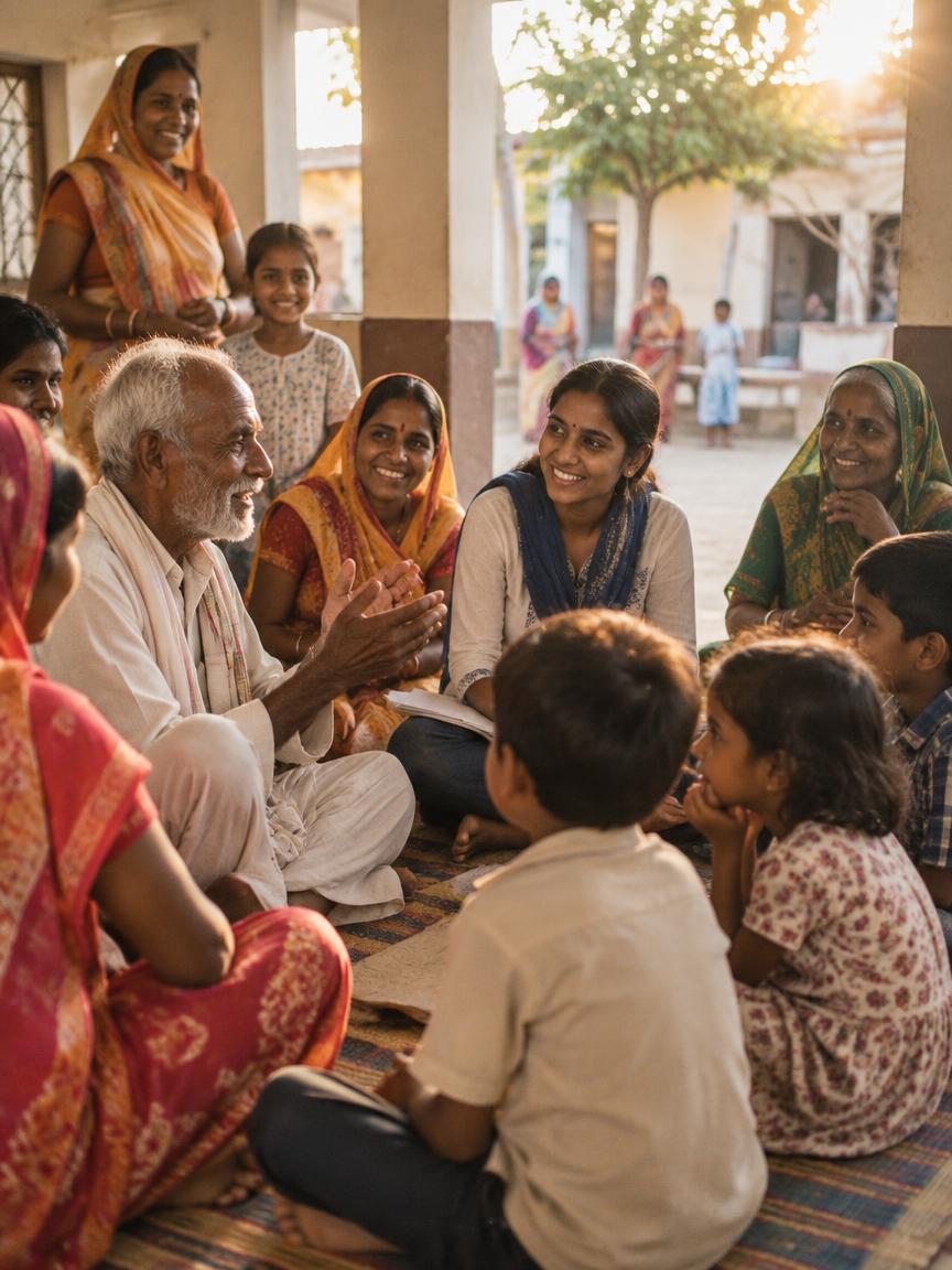 Illustrative community members gathered together in a sunlit hall