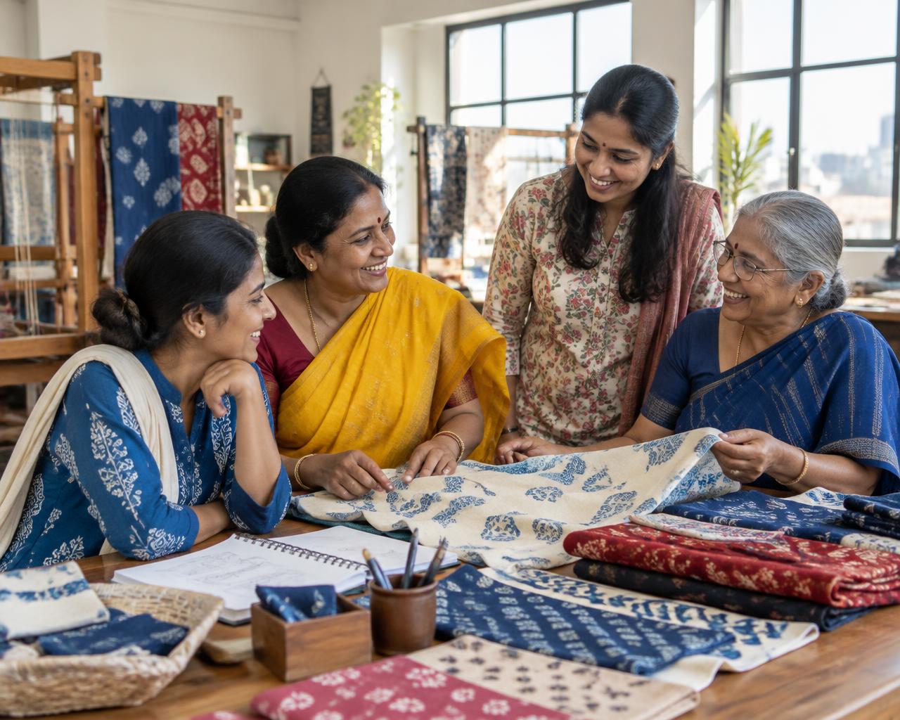 Illustration of Indian women exchanging ideas at a textile workshop