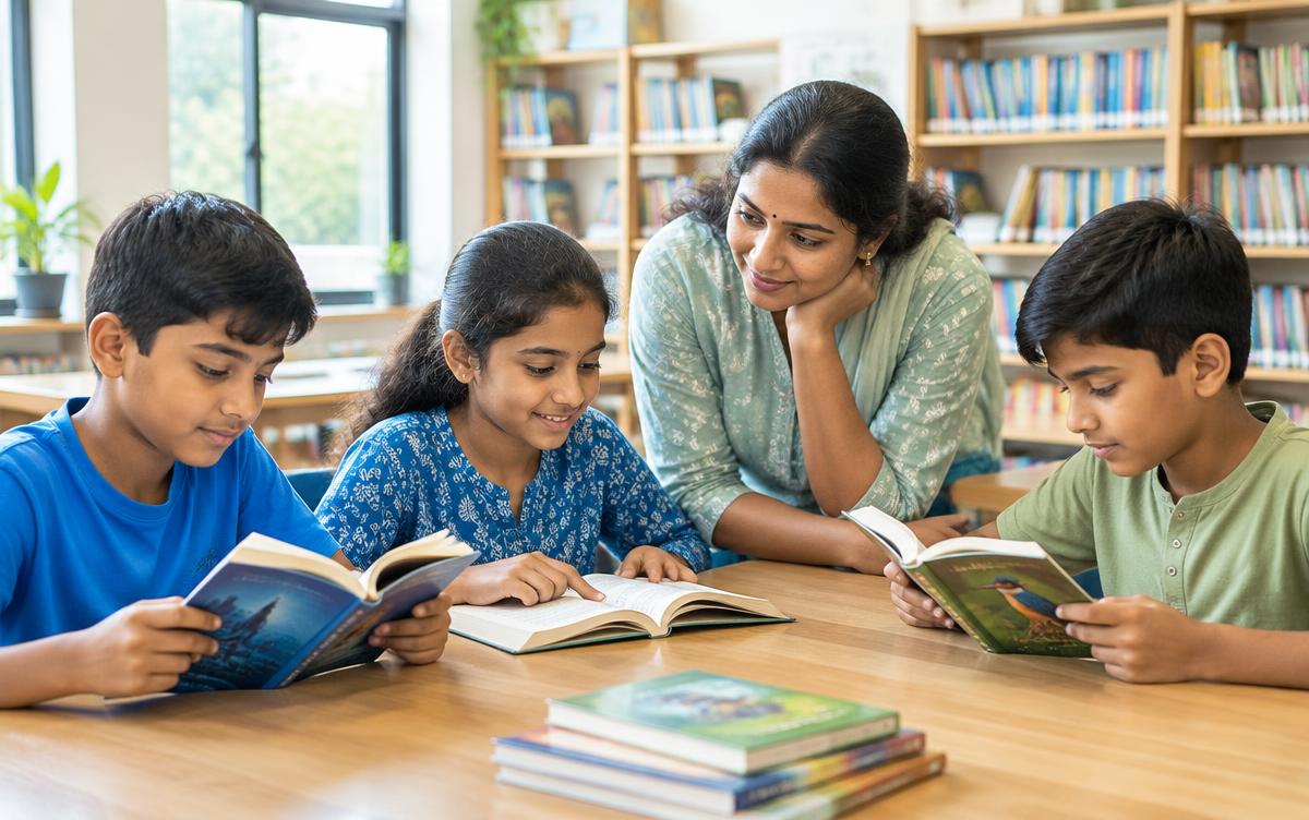 Illustrative photograph of children reading with an educator