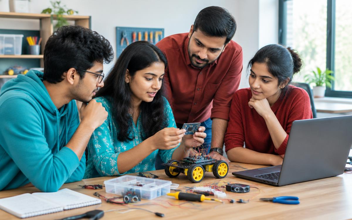 Illustrative photograph: young adults building a robotics project with a mentor